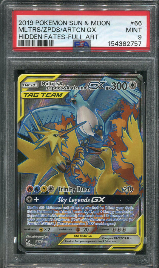 2019 Moltres & Zapdos & Articuno GX #66 Pokémon Hidden Fates - PSA 9