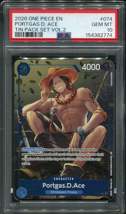 2026 Portgas.D.Ace #P-074 One Piece Tin Pack Set Vol.2 - PSA 10